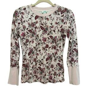 Sundance Waffle Knit Thermal Top Women Medium Pink Floral Velvet Trim Cuffs Boho